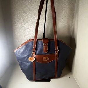 Navy and Brown Leather Tote Bag